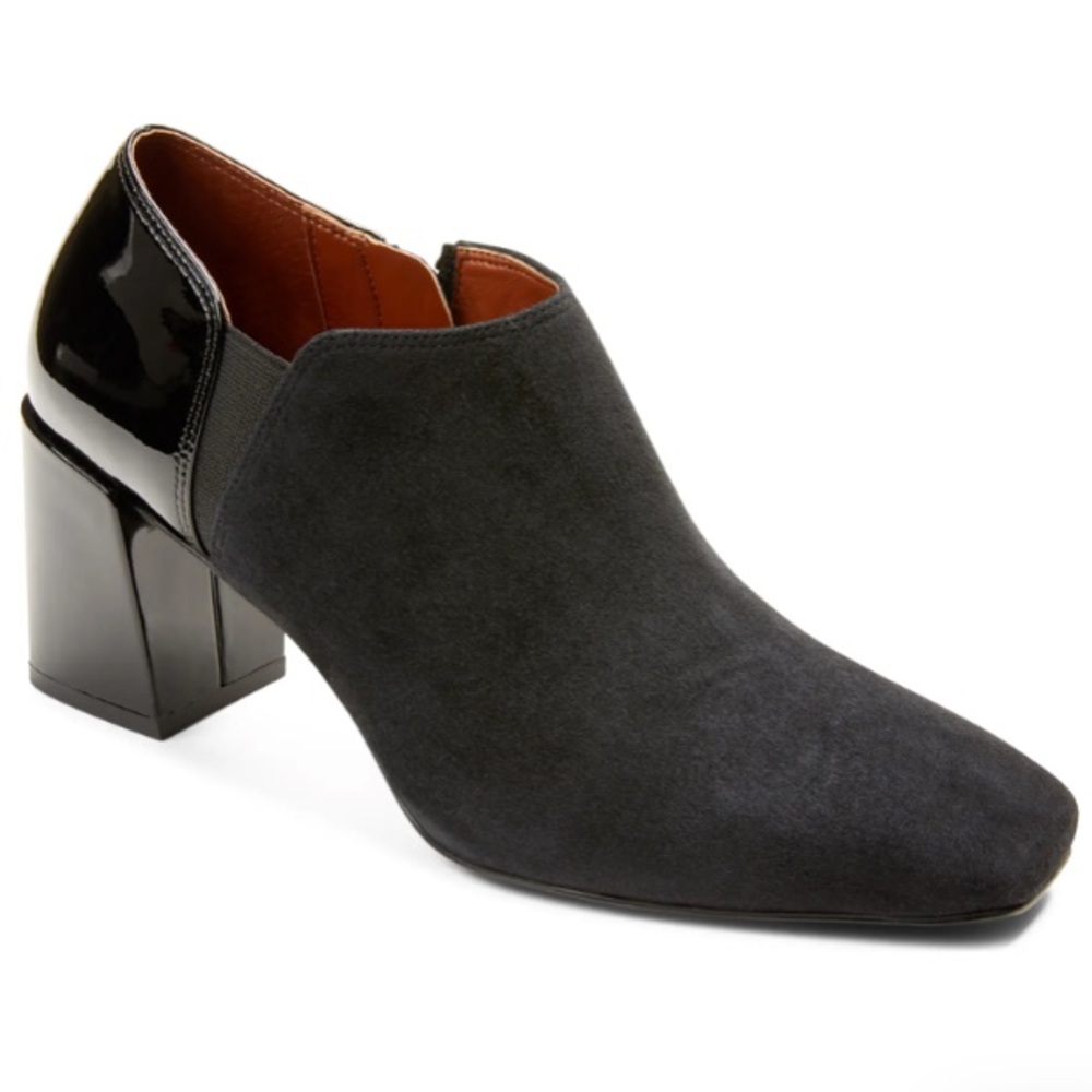 NEW Vionic Linda Suede Patent Leather Black Block Heel Bootie With Orthaheel 8
